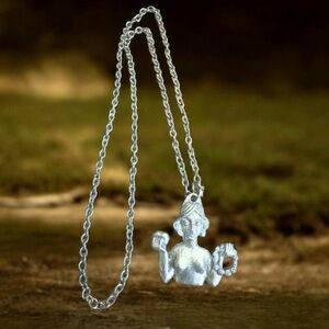 1970’s Boho Estate Silver African Goddess Pendant Necklace, 14.75” Long